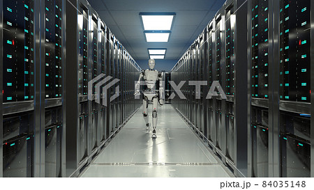 3D Render of robot walking in data center 3D Render of robot walking in data center 84035148