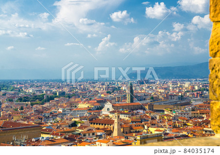 Top aerial panoramic view of Florence city historical centre, Basilica di Santa Maria Novella Top aerial panoramic view of Florence city historical centre, Basilica di Santa Maria Novella 84035174