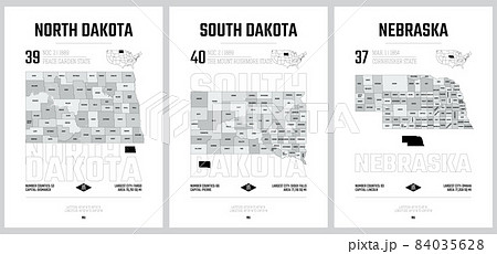 Highly detailed vector silhouettes of US state maps, Division United States into counties, political and geographic subdivisions of a states, West North Central - North Dakota, South Dakota, Nebraska 84035628
