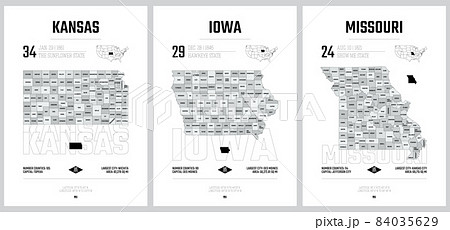 Highly detailed vector silhouettes of US state maps, Division United States into counties, political and geographic subdivisions of a states, West North Central - Kansas, Iowa, Missouri - set 6 of 17 84035629