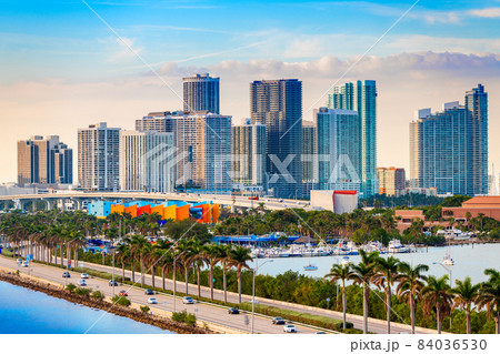 Miami, Florida, USA downtown skyline over MacAurther Causeway 84036530