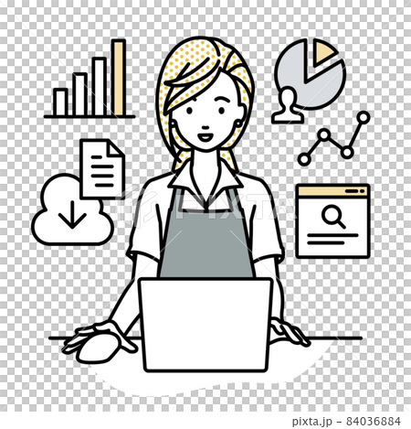 A female cafe clerk sitting at a desk, opening a PC, researching, analyzing data and compiling a report A female cafe clerk sitting at a desk, opening a PC, researching, analyzing data and compiling a report 84036884