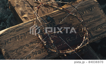 Crown of thorns and cross with signboard 84036970
