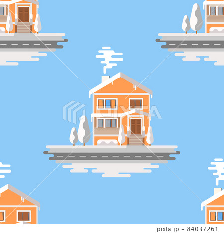 Snowy house seamless pattern on blue background. Christmas pattern vector. Snowy house seamless pattern on blue background. Christmas pattern vector. 84037261