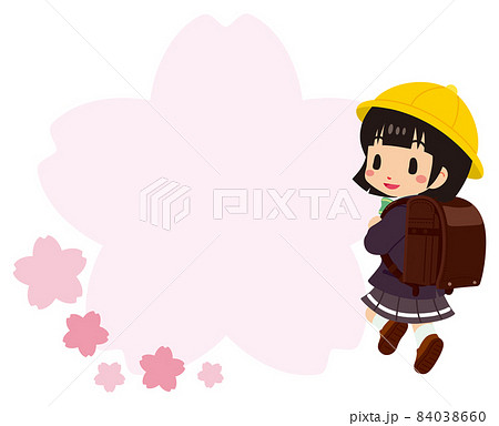 黄色い帽子をかぶった可愛い小学一年生の女の子と桜のフレーム 黄色い帽子をかぶった可愛い小学一年生の女の子と桜のフレーム 84038660