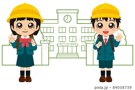 シンプルデザインな学校と黄色い帽子をかぶった小学一年生の男の子と女の子 84038739