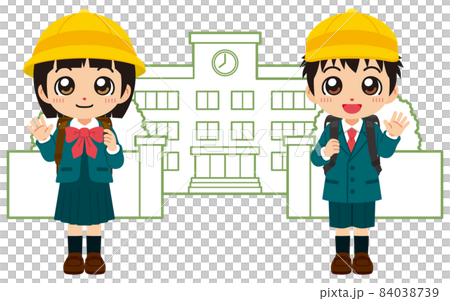 シンプルデザインな学校と黄色い帽子をかぶった小学一年生の男の子と女の子 84038739