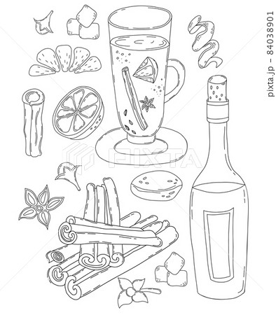 Set Christmas mulled wine. Vector illustration, in linear hand-drawn style. Glass and bottle of wine , orange slice, spices, cinnamon stick, cardamom, cloves and lemon zest. Isolated outline drawing. 84038901