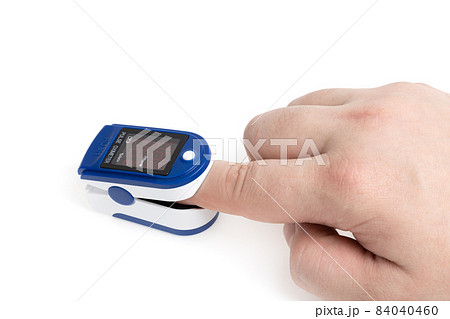 Pulse oximeter on white background.Medical diagnostic device for non-invasive measurement of capillary blood oxygen saturation level. Medical device on the finger. 84040460
