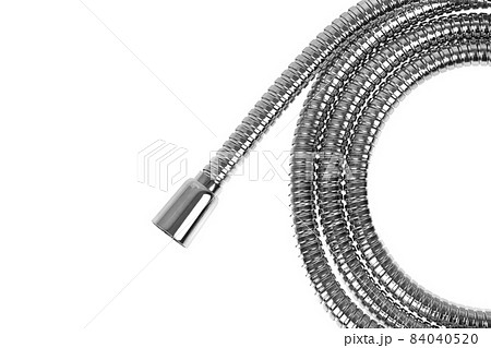 Shower hose on a white background. Silver shower hose close-up. 84040520