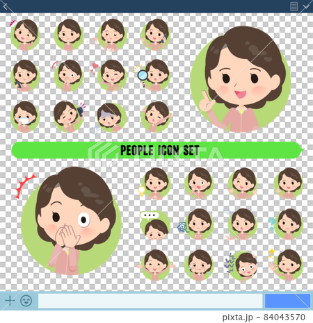 A set of middle-aged women in a pink jersey that expresses various emotions in icon format A set of middle-aged women in a pink jersey that expresses various emotions in icon format 84043570