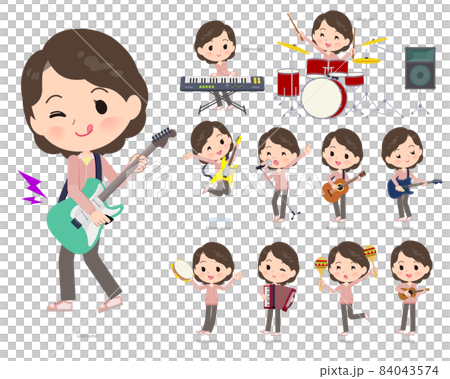 Pink jersey middle-aged female set playing rock and roll and pop music 84043574