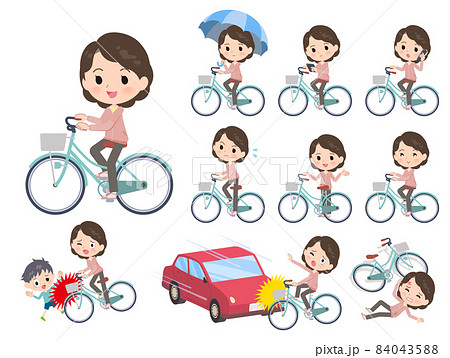 シティサイクルに乗ったピンクジャージ中年女性のセット 84043588