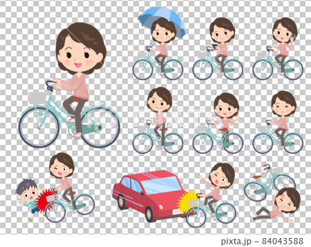 シティサイクルに乗ったピンクジャージ中年女性のセット 84043588