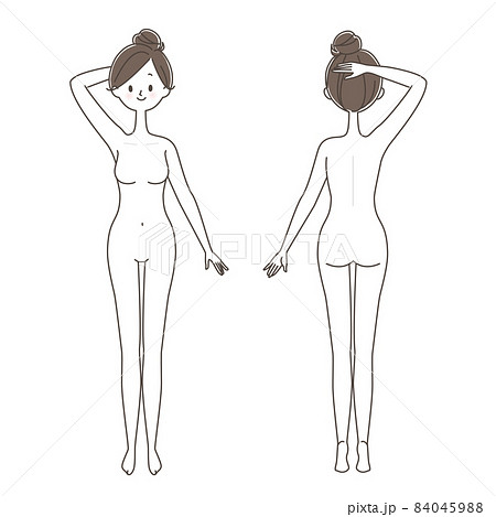 片方の脇を見せた若い女性の全身 正面と後ろ姿のイラスト素材