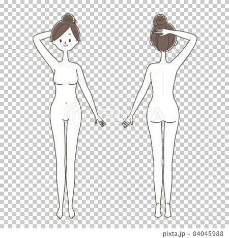 片方の脇を見せた若い女性の全身　正面と後ろ姿 84045988