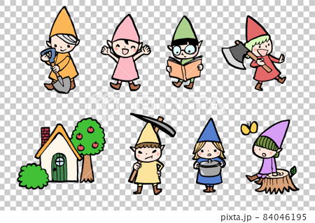 白雪姫の7人の小人と家のイラストセットのイラスト素材