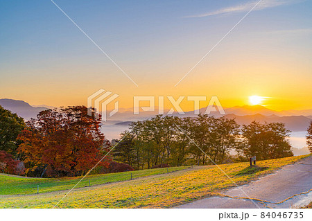 秋の大峰高原の日の出と七色大カエデの紅葉　【長野県】 84046735