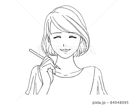 鉛筆を持つ 笑顔の夏服の女性 線画 のイラスト素材