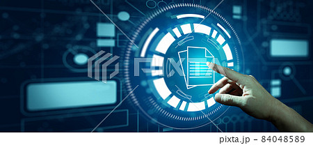 Document Management System (DMS). Hand on document internet data hologram with Technology blue background. Business Online Technology Concept. Document Management System (DMS). Hand on document internet data hologram with Technology blue background. Business Online Technology Concept. 84048589