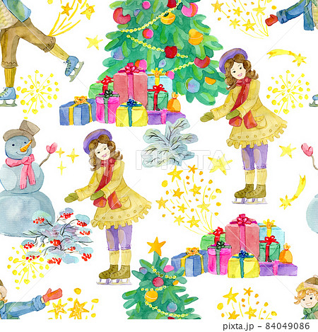 Seamless patterns with skating boy and girl, decorated conifer and snowman on white background. Watercolor illustrations. Winter Christmas and New Year holiday concept 84049086