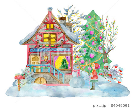 Watercolor illustration with little girl holding lantern, beautiful cottage house, decorated conifer isolated on white. Winter Christmas and New Year holiday concept Watercolor illustration with little girl holding lantern, beautiful cottage house, decorated conifer isolated on white. Winter Christmas and New Year holiday concept 84049091