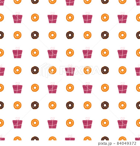Seamless pattern from glazed donuts and gift box with ribbon. Sweet baking print and present for birthday, holiday and party. Vector flat illustration of dessert and food Seamless pattern from glazed donuts and gift box with ribbon. Sweet baking print and present for birthday, holiday and party. Vector flat illustration of dessert and food 84049372