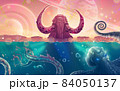 Summer fairy tale sea landscape with big rock as mammoth with tusks, ocean waves over fantasy planets in the sky, underwater world with octopus monster and snake reptile. Seascape illustration art. 84050137