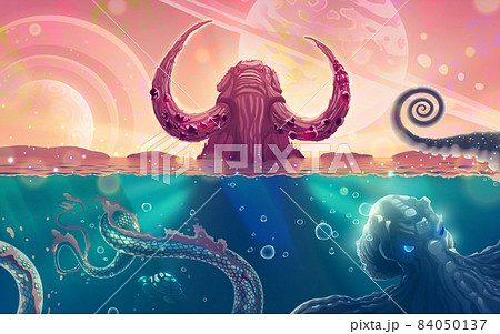 Summer fairy tale sea landscape with big rock as mammoth with tusks, ocean waves over fantasy planets in the sky, underwater world with octopus monster and snake reptile. Seascape illustration art. Summer fairy tale sea landscape with big rock as mammoth with tusks, ocean waves over fantasy planets in the sky, underwater world with octopus monster and snake reptile. Seascape illustration art. 84050137