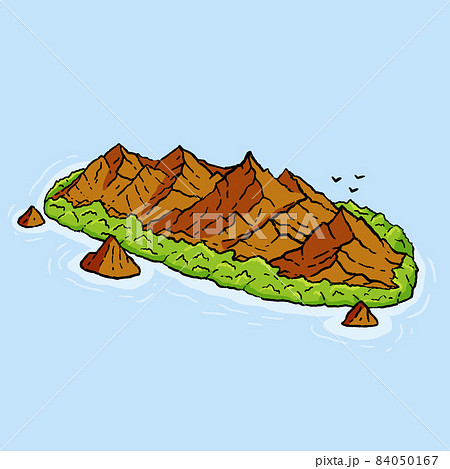 Island with mountains. Green forest. Natural tropical landscape. Rocks and mountain range in sea. Hand drawn cartoon style 84050167