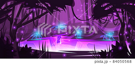 Magic forest with wolves, river and purple light 84050568