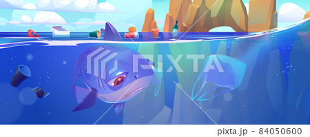 Sad shark underwater in sea with plastic trash Sad shark underwater in sea with plastic trash 84050600