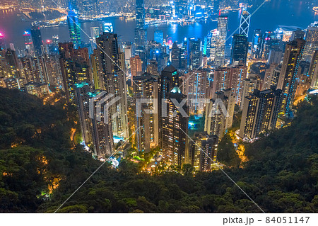 Aerial shot a Victoria Harbor of Hong Kong at night time. 84051147