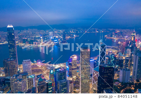 Aerial drone shot a Hong Kong Corporate Buildings streets. 84051148