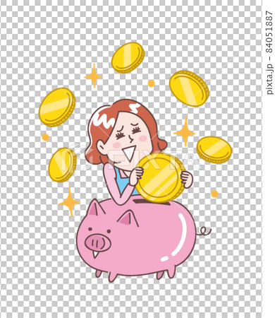 嬉しそうにコインを貯める主婦 84051887