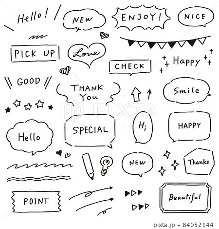 かわいくておしゃれな手描き風線画の吹き出しや飾り系のセットのイラスト素材