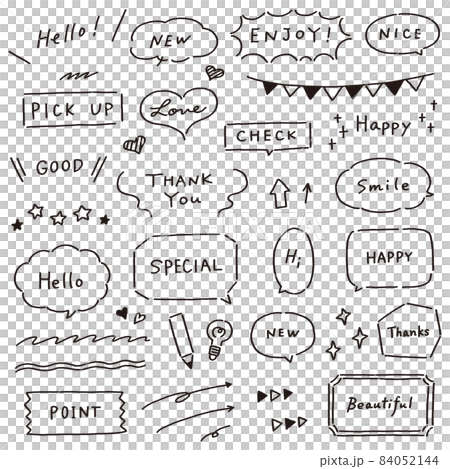 かわいくておしゃれな手描き風線画の吹き出しや飾り系のセット 84052144