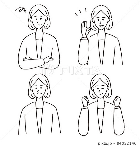 女性役職者の表情やポーズ違いのセット　モノクロ 84052146