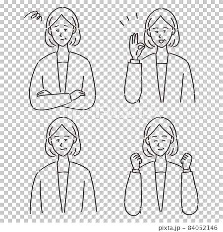 女性役職者の表情やポーズ違いのセット　モノクロ 84052146