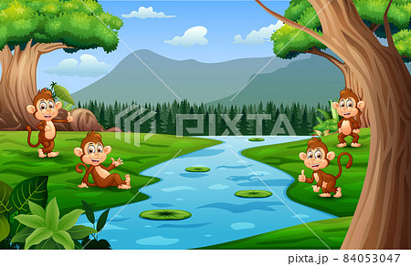 Cartoon four cute monkeys playing by the river Cartoon four cute monkeys playing by the river 84053047