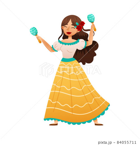Mexican girl wearing traditional dress dancing... - Stock Illustration  [84055711] - PIXTA