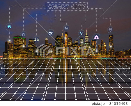 Technology connection line of Smart City Solar cell reflection with New York cityscape, network connection with wireless technology, fuel power generation and solar cell energy concept. 84056498