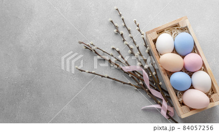 flat lay box with colorful easter eggs copy space. High quality beautiful photo concept 84057256