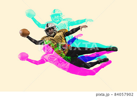 Creative collage of man, professional american football player training isolated over white background. Glitch and duotine effect 84057902