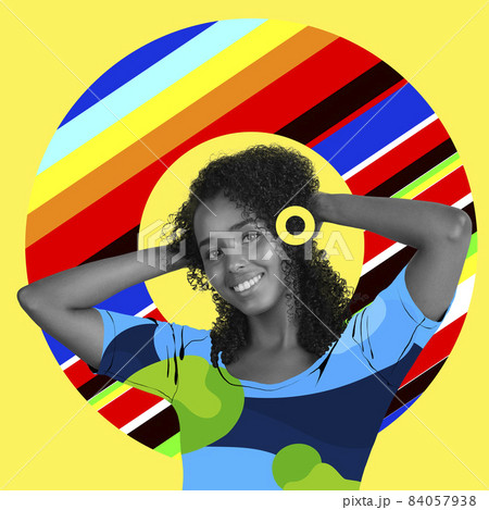 Contemporary art collage of young joyful girl dancing isolated over multicolored geometric circle design on yellow background 84057938