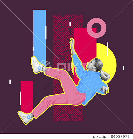 Contemporary art collage of young girl falling down isolated over purple background with geometric figures design 84057972