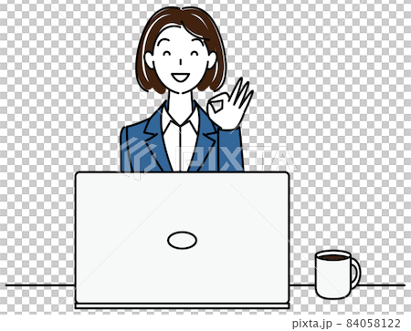 Cute female illustration vector in a suit sitting in front of a computer and posing OK Cute female illustration vector in a suit sitting in front of a computer and posing OK 84058122