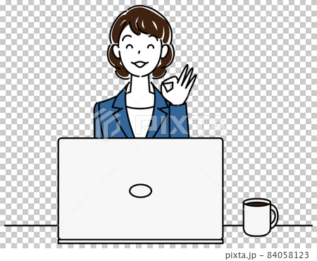 Cute female illustration vector in a suit sitting in front of a computer and posing OK Cute female illustration vector in a suit sitting in front of a computer and posing OK 84058123
