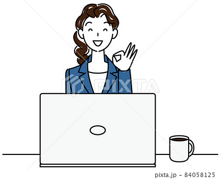 パソコンの前に座りokポーズをしているスーツ姿の可愛い女性 イラスト ベクターのイラスト素材