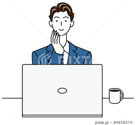 パソコンの前に座り前向きに考えているスーツ姿の可愛い男性 イラスト ベクターのイラスト素材 パソコンの前に座り前向きに考えているスーツ姿の可愛い男性 イラスト ベクターのイラスト素材